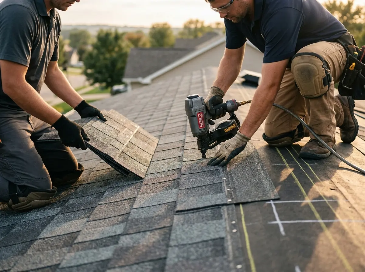 Professional roofer working on a residential roof in Bessemer